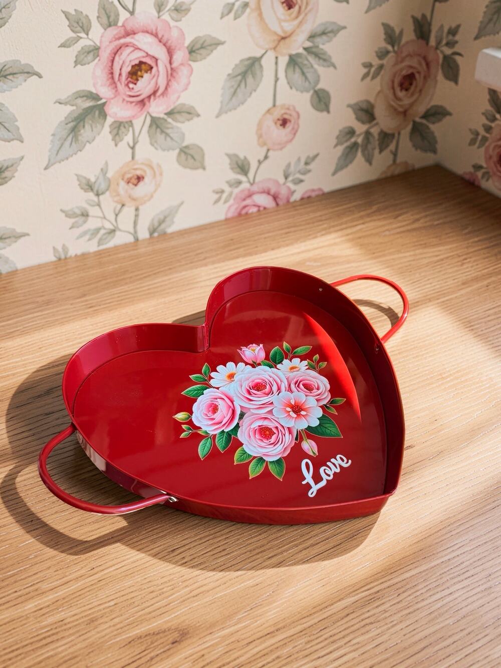 Red Heart Shaped Metal Tray Floral Roses Love Valentine Decor Handles 16"
